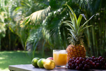 Tropische Früchte und ein Glas Orangensaft. Vitamine. Urlaub. Südsee 