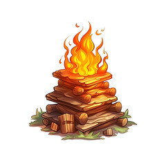wood burning fire illustration. isolated object transparent background. Ai Generative