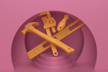 Abstract scene or podium with carpenters tools on monochrome background