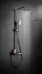 Metal shower head in the bathroom, shower head, close-up image of water coming out, dark background