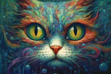 cat painting with big eyes dreamlike background with cat Hand Drawn Style illustration  Generative AI