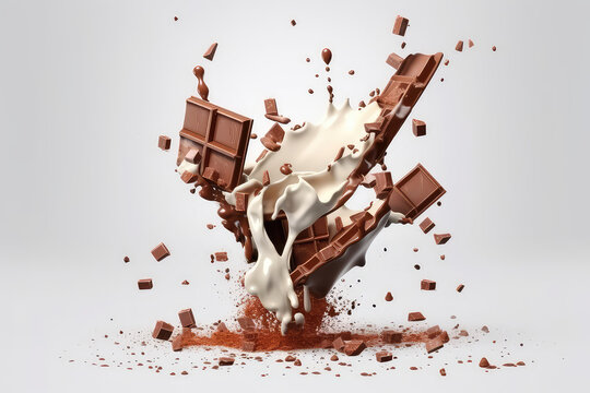 Falling broken pieces of chocolate bar with splashes and waves of milk in motion. Pastel light background, copy space. Sweet brown chocolate flying. Generative AI 3d render illustration imitation.
