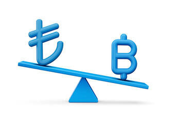 3d Blue Lira And Baht Symbol Icons With 3d Blue Balance Weight Seesaw, 3d illustration