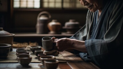 Fototapeta na wymiar A tea ceremony conducted with Zen simplicity and reverence, with close-up focus on the tea set and brewing process . Generative AI