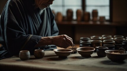 Fototapeta na wymiar A tea ceremony conducted with Zen simplicity and reverence, with close-up focus on the tea set and brewing process . Generative AI
