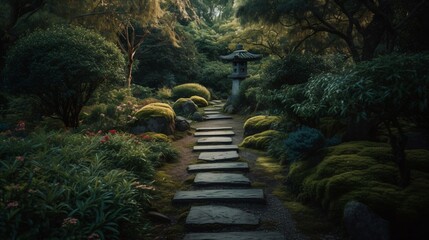 A Zen stone path winding through a beautifully landscaped garden, evoking a sense of calm and tranquility . Generative AI