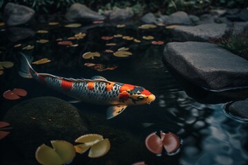 Obraz na płótnie Canvas A Zen-inspired koi pond with colorful fish swimming leisurely, surrounded by lush greenery and smooth stones . Generative AI