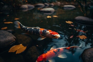 Obraz na płótnie Canvas A Zen-inspired koi pond with colorful fish swimming leisurely, surrounded by lush greenery and smooth stones . Generative AI