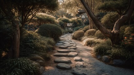 Fototapeta na wymiar A Zen stone path winding through a beautifully landscaped garden, evoking a sense of calm and tranquility . Generative AI
