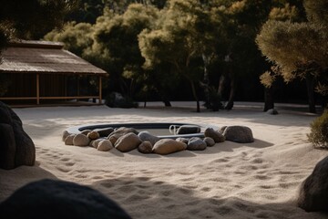 A tranquil zen garden with meticulously raked sand, surrounded by minimalist rock formations and a serene water feature . Generative AI
