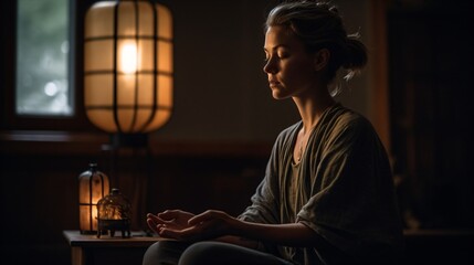 A woman practicing zen meditation in a quiet, softly lit room, seated on a meditation cushion with her eyes closed . Generative AI