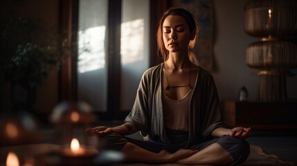 A woman practicing zen meditation in a quiet, softly lit room, seated on a meditation cushion with her eyes closed . Generative AI