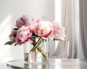 Pink peonies in modern glass vase on empty glass table opposite window. Show case for natural cosmetic products. Concept scene stage for new product, promotion sale and presentation. Generative ai