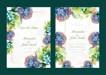 Pink blue hydrangea floral flower vector elegant leaves wedding invitation card template watercolor