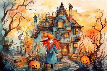 Halloween witch in black hat. Happy halloween concept.  Post processed AI generated image.