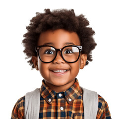 portrait of a cute african american boy wearing big eyeglasses. isolated on transparent background....
