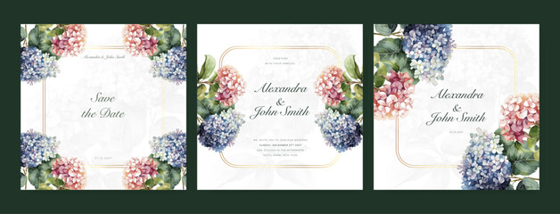 Fototapeta na wymiar Pink blue hydrangea floral flower vector hand drawn floral wedding invitation template watercolor