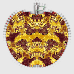 many similar but different triangle shaped mosaic tiles distorting a singe golden apple