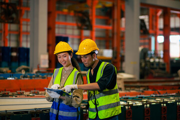 Asian male and female industrial engineers talking while using a tablet They work in heavy industry.