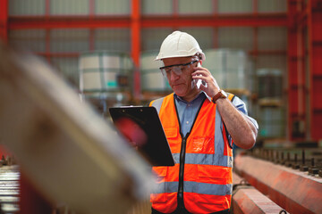 Factory workers are inspecting the quality of large machines in an industrial plant. Engineer...
