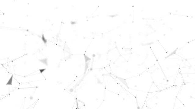 Cg. On a white background, triangles and dots are moving that form an abstract polygonal network. Background for a scientific project
