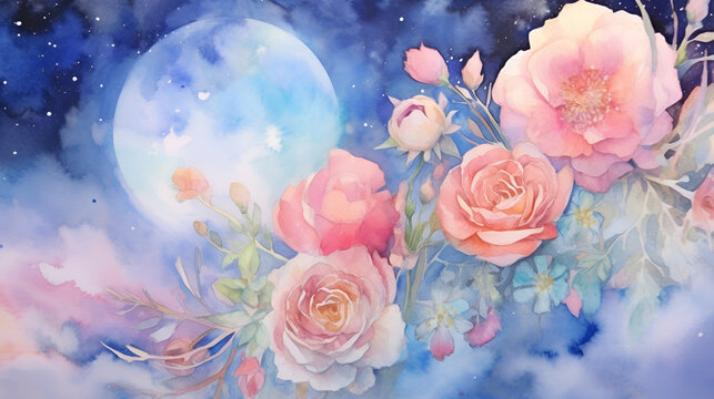 Beautiful watercolor galaxy background with cosmic flowers. Watercolor magical painting. AI illustration. For design of invitations, postcards, souvenirs, posters, for decorating.