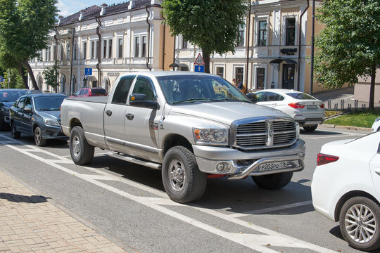 Kazan, Russia - June 11, 2023: A grey 2007 Dodge Ram 2500 quad cab with the 6.7 L Cummins diesel parked on street.