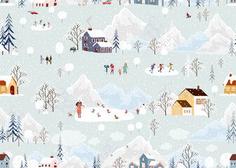 Seamless pattern Winter landscape,Celebrating Christmas and New Year 2024  in village at night with happy people playing ice skate in the park,Vector horizontal banner winter wonderland in countryside