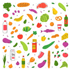 Set of doodle groceries: vegetables, fruits, meat, bread, milk, oil, fish. Healthy food. Grocery store. 