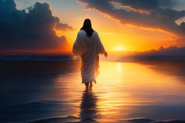 Guiding Light Jesus Walking on Water in a Dramatic Sunset. the figure of jesus walk on water on a beautiful dramatic sunset background

