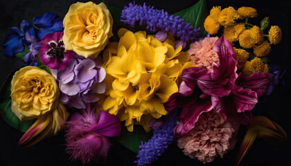 bouquet of colorful flowers,Yellow sunflower pink gladiolus blue hydran 