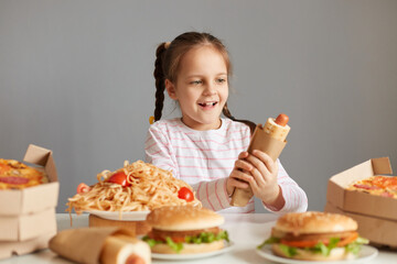 Excited charming little girl with braids sitting at table with fast food isolated over gray background holding big hot dog looking at unhealthy meal with big amazed eyes and smile.