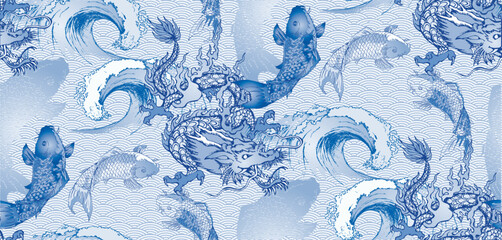 Seamless pattern asian dragon and japanese fish blue color.