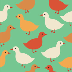 cute colorful ducks on green background seamless vector pattern