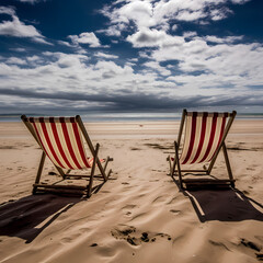 red and white, striped, wooden lounge chairs on a sandy beach,  casting shadows; cloudscape for background