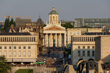Obraz premium The centre of Brussels, Belgium, seen from above, from the Town Hall tower at sunset. You can see the Mont des Arts and the Church of St. James on Coudenberg located on the historic 'Place Royale'