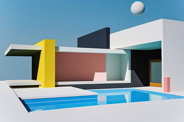 Modern architecture flat illustration style,poolside villa minimalist,modern house in the city