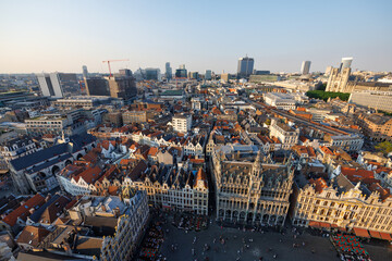 Fototapeta premium The Grand Place and the centre of Brussels, Belgium, seen from above, from the Town Hall tower at sunset.
