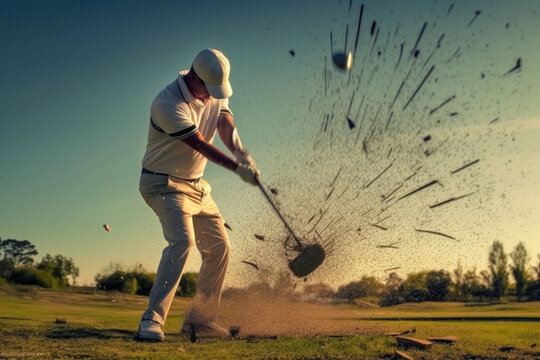 Professinal golf player on golf course. Pro golfer taking a shot, swing, backside