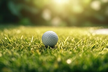 Golf ball is on a green lawn in a beautiful golf course with morning sunshine.