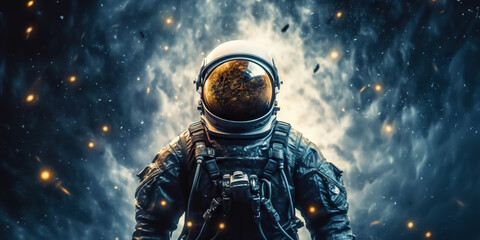 Fototapeta na wymiar Portrait of astronaut floating in space with a asteroids, space rocks, burning sparks on backdrop. Generative AI
