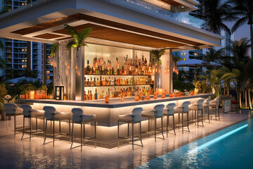 Fototapeta na wymiar Meticulously designed poolside bar, showcasing an array of top-shelf beverages and creating an invitation for vibrant and social atmosphere