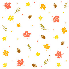 Cute Doodle Fall Autumn Ditsy Acorn Oak Dry Leaf Red Maple Leaf Branch Confetti Sprinkle dot Abstract Hand Drawing Cartoon Color Orange Yellow Red Seamless Pattern Warm Fall Autumn Season Background 