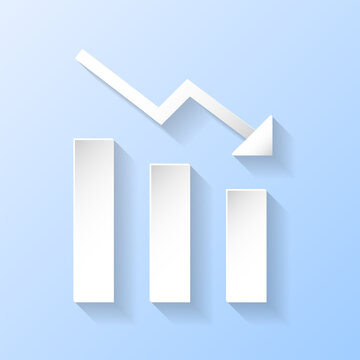 Business Finance Financial Reduction Concept Reducing Bar Graph Chart Arrow Down Decreasing Investment Loss Reduce Market 3D White Papercut Paper art Icon Isolated Background Vector Illustration