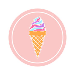 Pink ice cream in the waffle cone. Vector flat outline icon. Cartoon style illustration for sticker and t-shirt design. Flat logo design. Vector flat outline icon