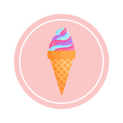 Soft serve ice cream in wafer style cone. Crunchy wafer cone filled with creme strawberry ice cream, pink ice cream with decoration. Summertine icon. Vector illustration in cartoon style