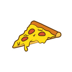 Pizzeria logotype. Logo with pizza slice. The pizza is melting. Slice of pizza vector set for restaurant, dinner and italian menu. Bright colorful pizza on yellow background with bright colors