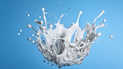 Milk splash isolated blue background. Generative Ai