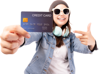 Happy young smiling woman holding credit card and looking at camera with happy Standing over white background Customer girl get satisfied of credit card service with smile point finger to credit card