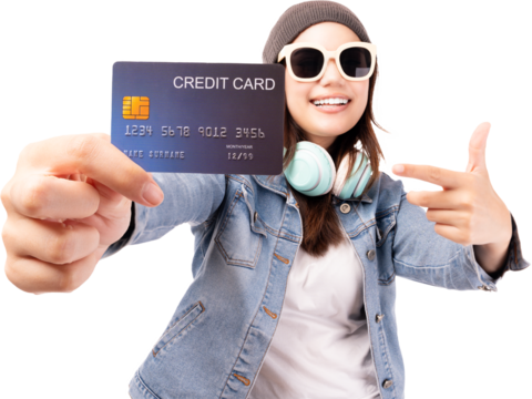 Happy young smiling woman holding credit card and looking at camera with happy Standing over white background Customer girl get satisfied of credit card service with smile point finger to credit card